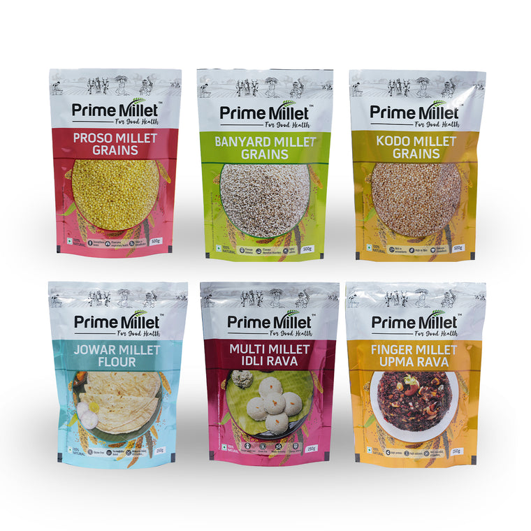 Multi Millet Combo | Proso, Barnyard & Kodo Grains | Jowar Flour | Multi Idly & Finger Upma Rava (Pack of 6 - 2.25kg) Main image