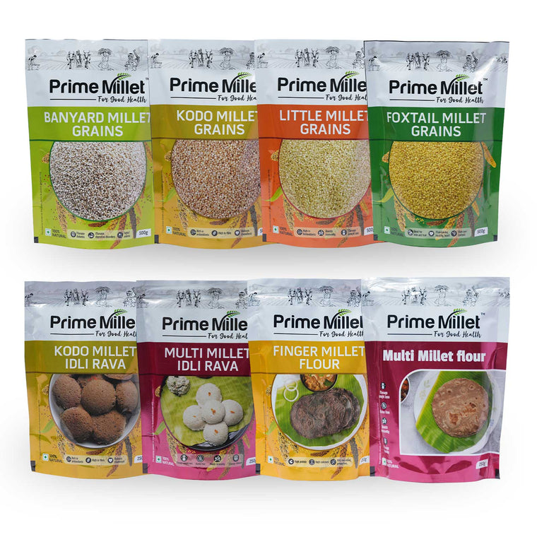 Multi Millet Combo | Barnyard, Kodo, Little & Foxtail | Kodo & Multi Idly Rava | Finger Millet & Multi Flour (Pack of 8 - 3kg) Main image