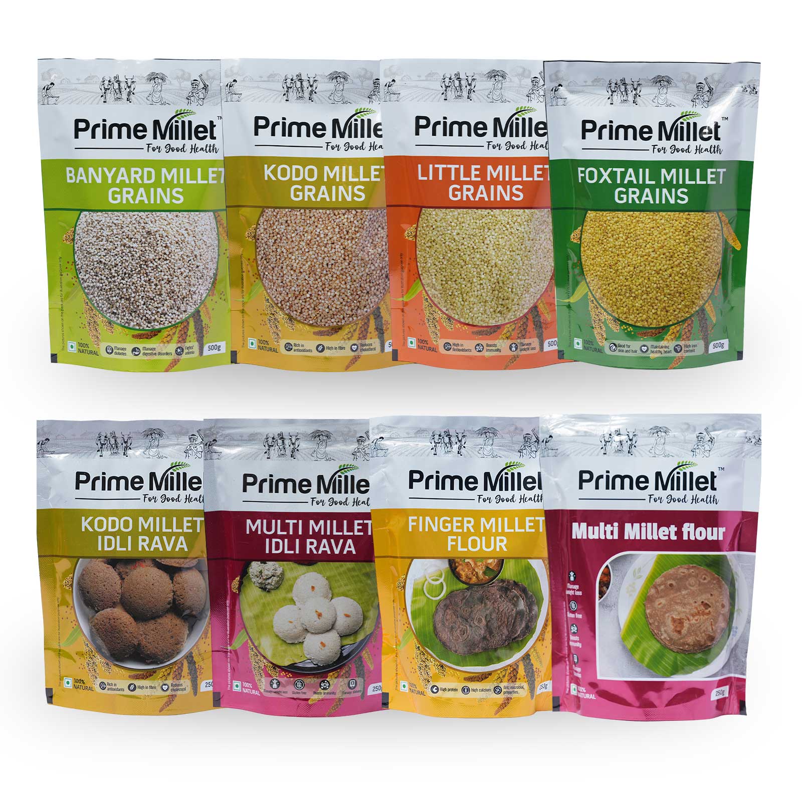 Multi Millet Combo | Barnyard, Kodo, Little & Foxtail | Kodo & Multi Idly Rava | Finger Millet & Multi Flour (Pack of 8 - 3kg)
