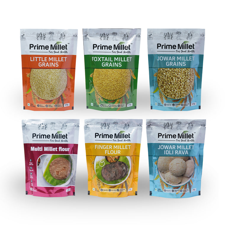 Multi Millet Combo | Little, Foxtail & Jowar Grains | Multi & Finger Flour | Jowar Idly Rava (Pack of 6 - 2.25kg) Main image