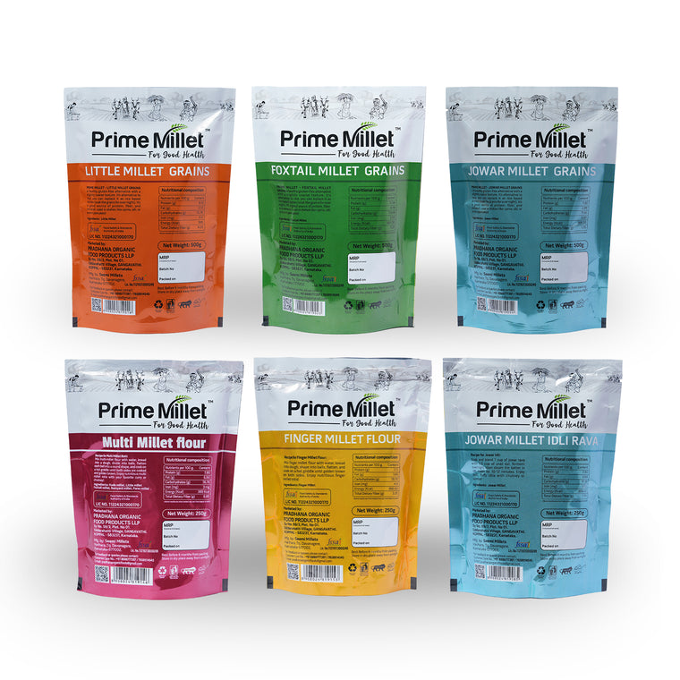 Multi Millet Combo | Little, Foxtail & Jowar Grains | Multi & Finger Flour | Jowar Idly Rava (Pack of 6 - 2.25kg) Secondary image