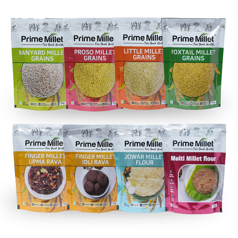 Multi Millet Combo | Barnyard, Proso, Little & Foxtail Grains | Finger Upma Rava | Finger Idly Rava | Jowar Flour | Multi Flour (Pack of 8 - 3kg) Main image