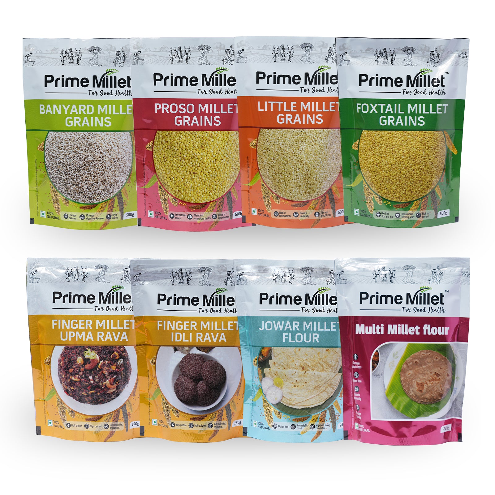 Multi Millet Combo | Barnyard, Proso, Little & Foxtail Grains | Finger Upma Rava | Finger Idly Rava | Jowar Flour | Multi Flour (Pack of 8 - 3kg)