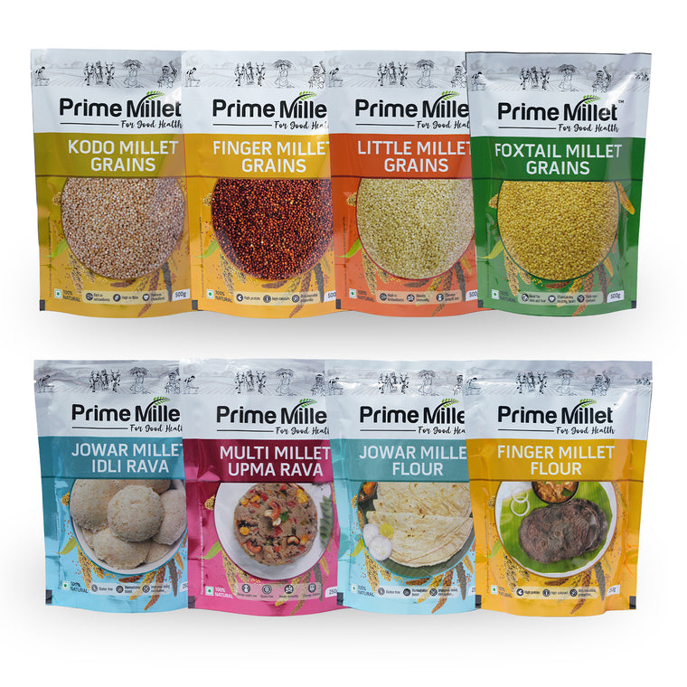 Multi Millet Combo | Kodo, Finger, Little & Foxtail Grains | Jowar Idly & Flour | Finger Flour | Multi Upma Rava (Pack of 8 - 3kg) Main image