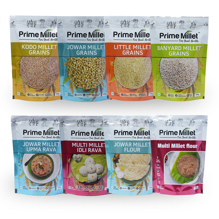 Multi Millet Combo | Kodo, Jowar, Little & Barnyard Grains | Jowar Upma Rava & Flour | Multi Idly Rava & Flour (Pack of 8 - 3kg) Main image