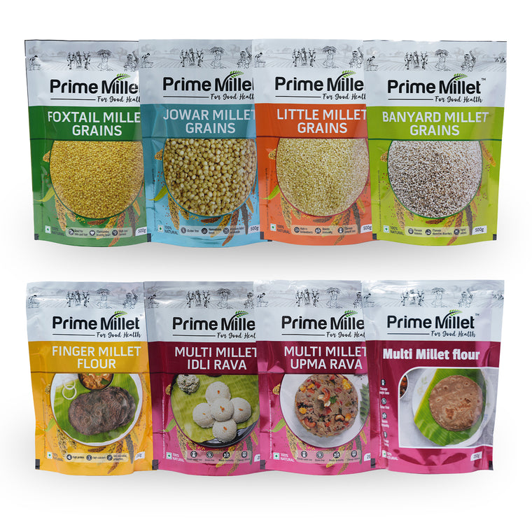 Multi Millet Combo | Foxtail, Jowar, Little & Barnyard Grains | Finger Flour | Multi Flour | Multi Idly Rava | Upma Rava (Pack of 8 - 3kg) Main image