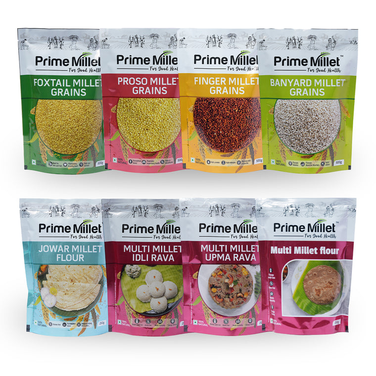 Multi Millet Combo | Foxtail, Proso, Finger & Barnyard Grains | Jowar Flour | Multi Idly & Upma Rava | Multi Flour (Pack of 8 - 3kg) Main image
