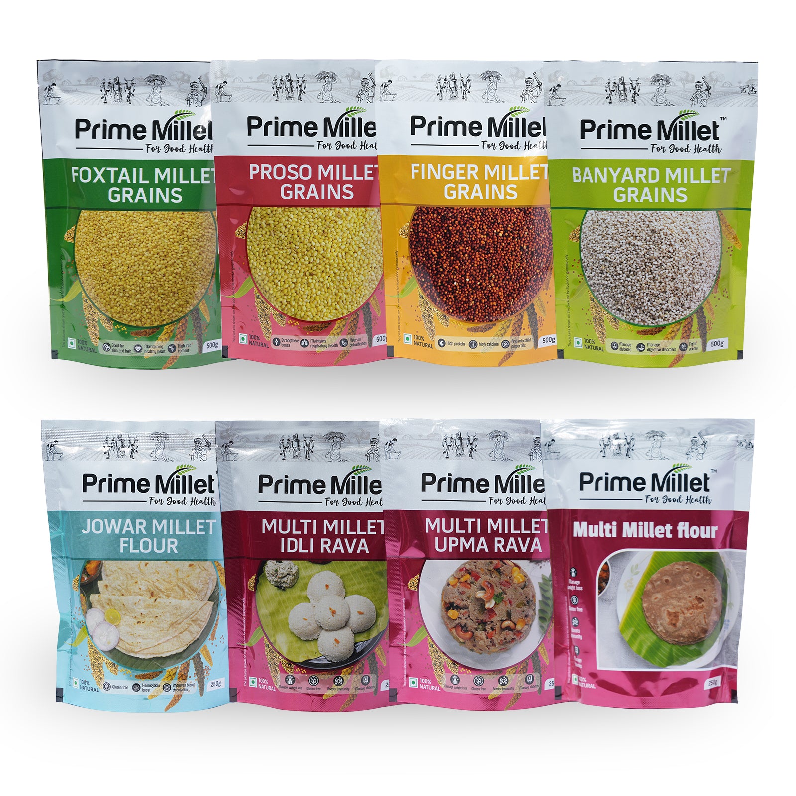 Multi Millet Combo | Foxtail, Proso, Finger & Barnyard Grains | Jowar Flour | Multi Idly & Upma Rava | Multi Flour (Pack of 8 - 3kg)