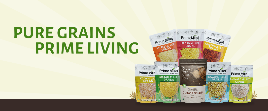 Collection of Prime Milled grain packages with a 'Pure Grains Prime Living' text on a light yellow background.