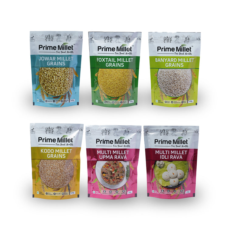 Multi Millet Combo | Kodo, Foxtail, Barnyard & Jowar Grain | Idly & Upma Rava (Pack of 6 - 2.5kg) Main image