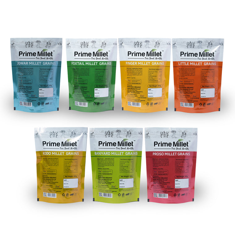 Multi Millet Combo | Jowar, Foxtail, Finger, Little, Kodo, Barnyard & Proso Grains (Pack of 7 - 3.5kg) Secondary image