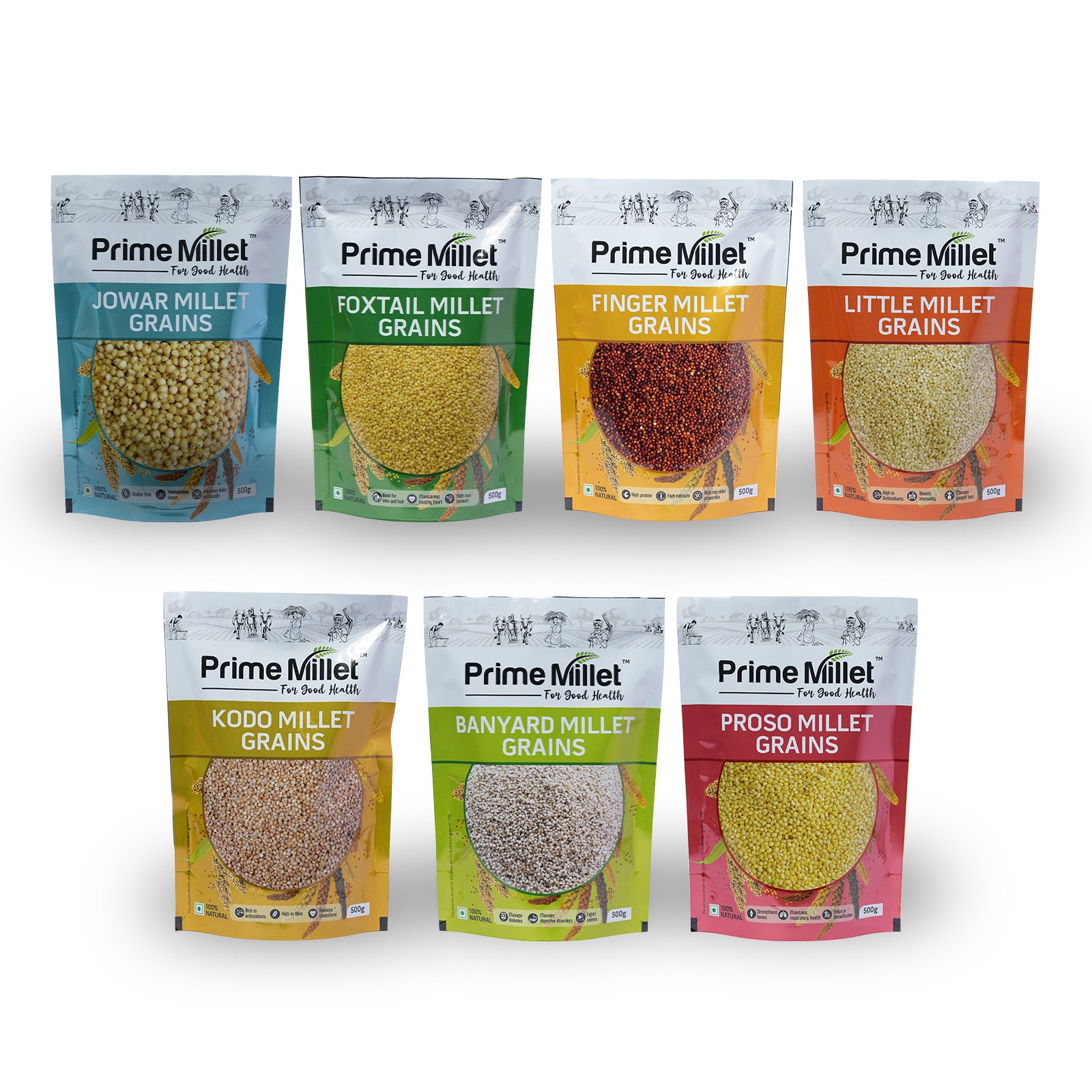 Multi Millet Combo | Jowar, Foxtail, Finger, Little, Kodo, Barnyard & Proso Grains (Pack of 7 - 3.5kg)