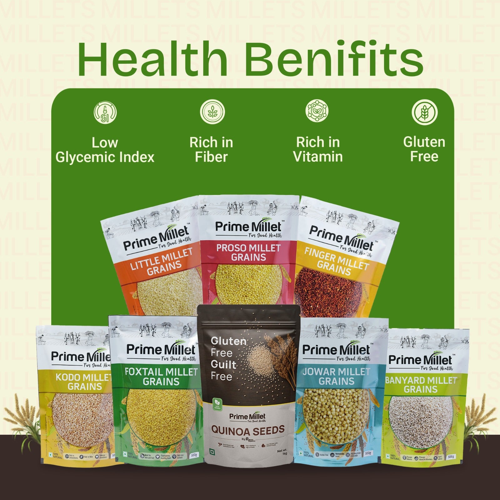 Multi Millet Combo | Barnyard, Kodo, Little & Foxtail | Kodo & Multi Idly Rava | Finger Millet & Multi Flour (Pack of 8 - 3kg)