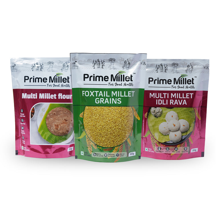 Multi Millet Combo | Multi Grain Flour | Foxtail Grain | Idly Rava (Pack of 3 - 1kg) Main image